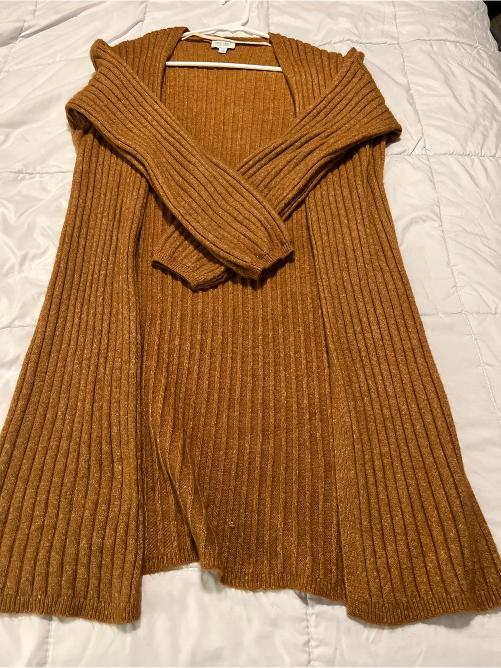 True Craft Ribbed Open-Front Cardigan in Camel Brown